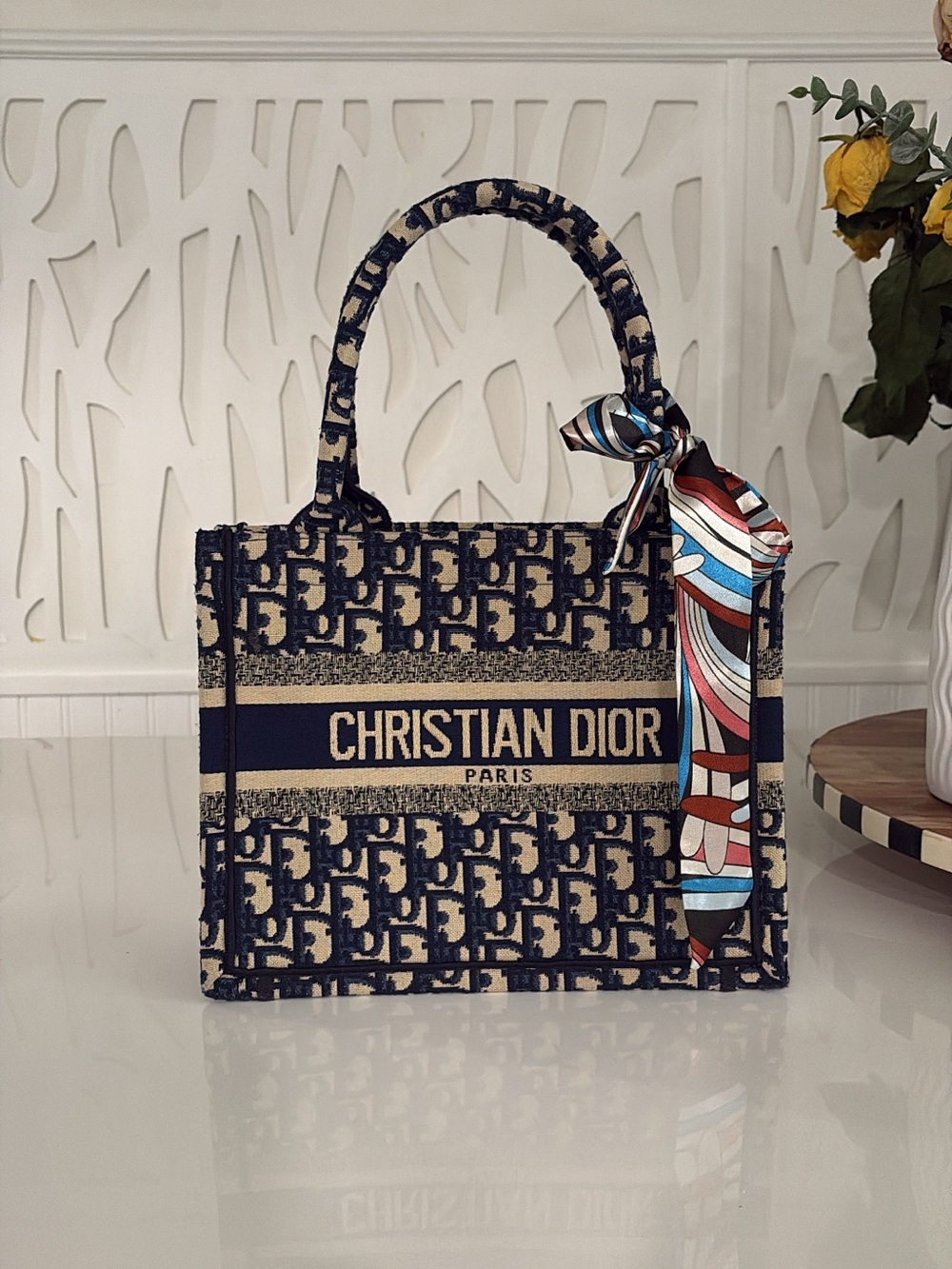 Dior Navy and Beige Small Book Tote with Multicolor Scarf Accent
